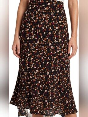 Elodie Black Floral A-Line Cottagecore Skirt Business Casual Lg